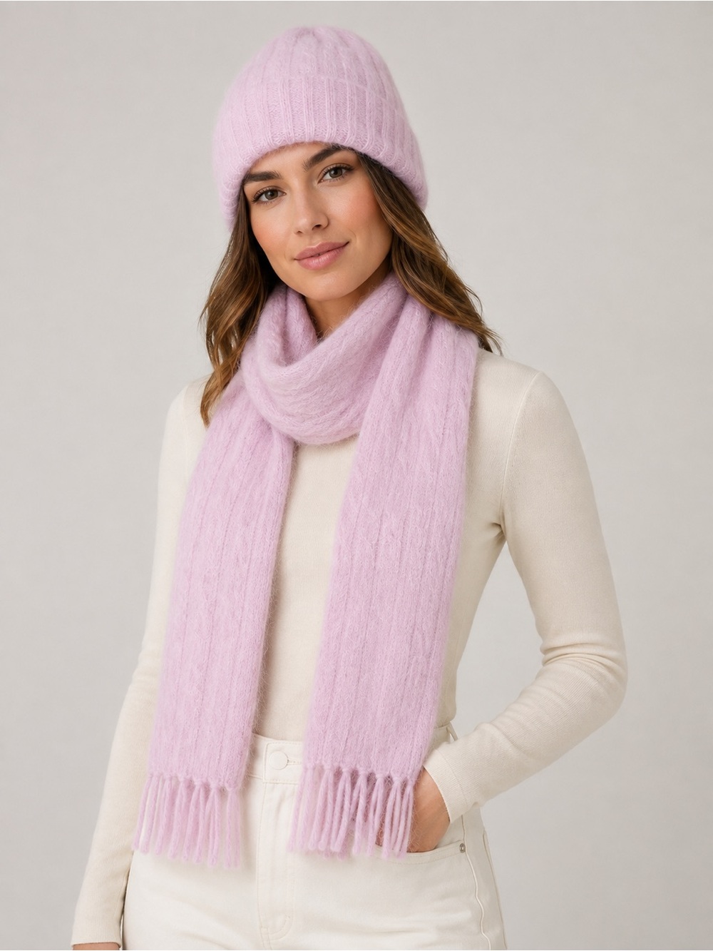 Angora Rabbit Hair Wool Blend Light Pink Knit Beanie and Scarf Set